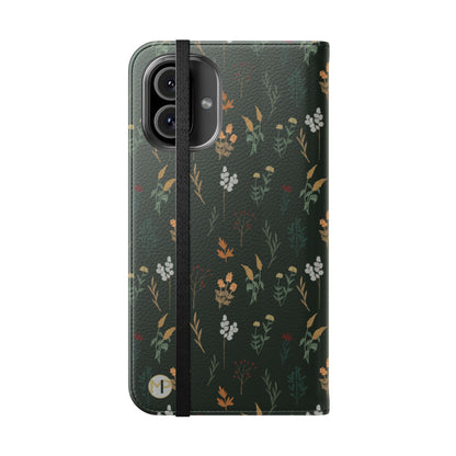 Botanical Floral Flip Phone Case — Dark Green Wallet Cover