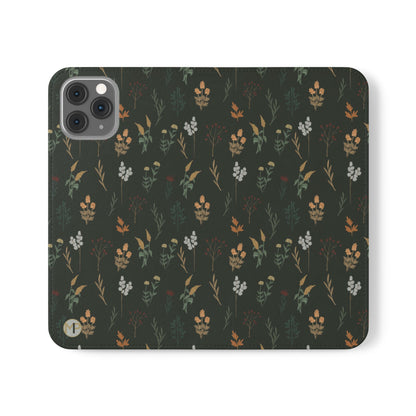 Botanical Floral Flip Phone Case — Dark Green Wallet Cover