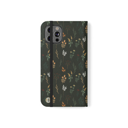 Botanical Floral Flip Phone Case — Dark Green Wallet Cover