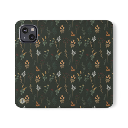 Botanical Floral Flip Phone Case — Dark Green Wallet Cover