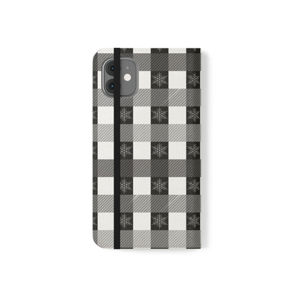 Black Buffalo Check Flip Phone Case — Plaid Wallet Flip Case with Card Slots