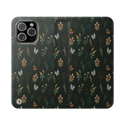 Botanical Floral Flip Phone Case — Dark Green Wallet Cover