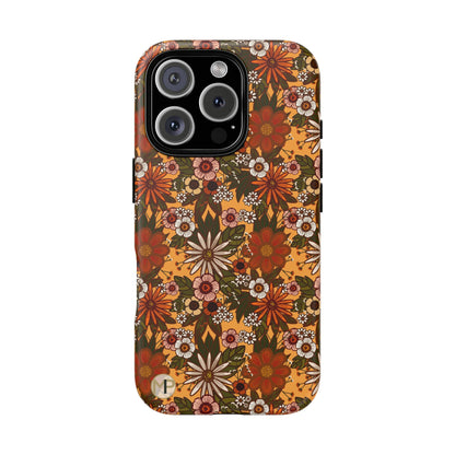 Retro Floral Tough Phone Case — 70s Boho Pattern, Protective iPhone Cover