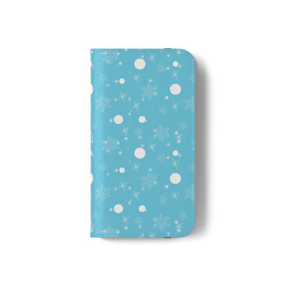 Snowflake Blue Flip Phone Case — Winter Pattern Wallet Case with Card Slots
