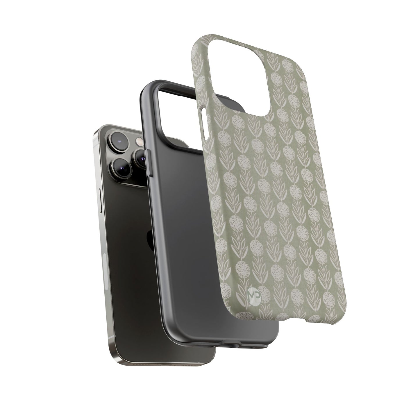 Sage Floral Stripe Tough Phone Case – Neutral Botanical Protective Cover