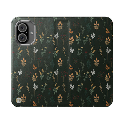 Botanical Floral Flip Phone Case — Dark Green Wallet Cover