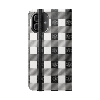 Black Buffalo Check Flip Phone Case — Plaid Wallet Flip Case with Card Slots