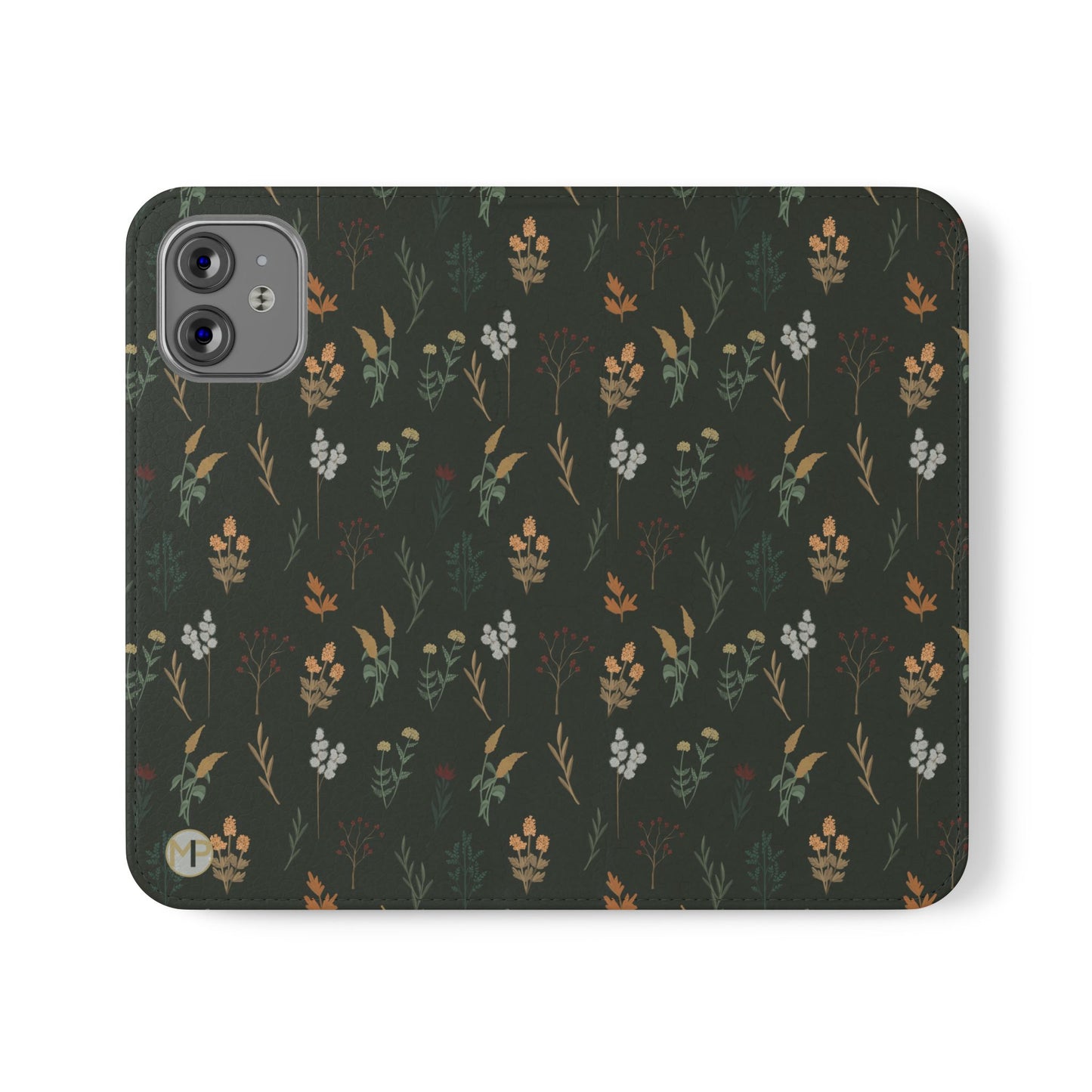Botanical Floral Flip Phone Case — Dark Green Wallet Cover