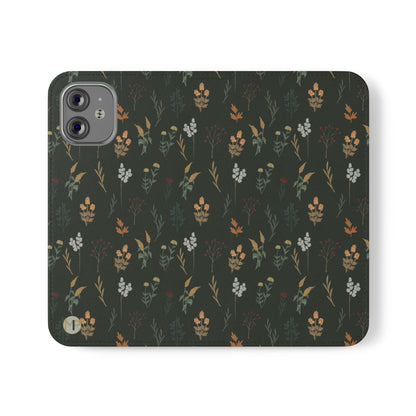 Botanical Floral Flip Phone Case — Dark Green Wallet Cover