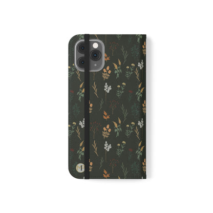Botanical Floral Flip Phone Case — Dark Green Wallet Cover