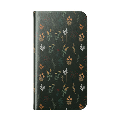 Botanical Floral Flip Phone Case — Dark Green Wallet Cover
