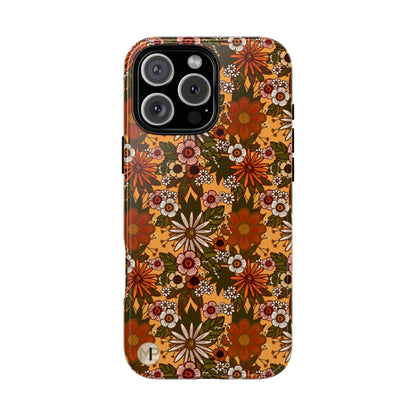 Retro Floral Tough Phone Case — 70s Boho Pattern, Protective iPhone Cover