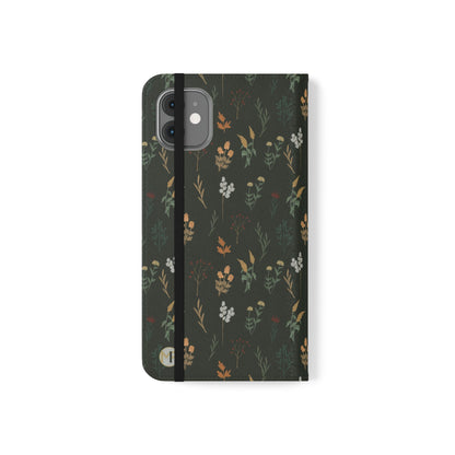 Botanical Floral Flip Phone Case — Dark Green Wallet Cover