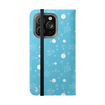 Snowflake Blue Flip Phone Case — Winter Pattern Wallet Case with Card Slots