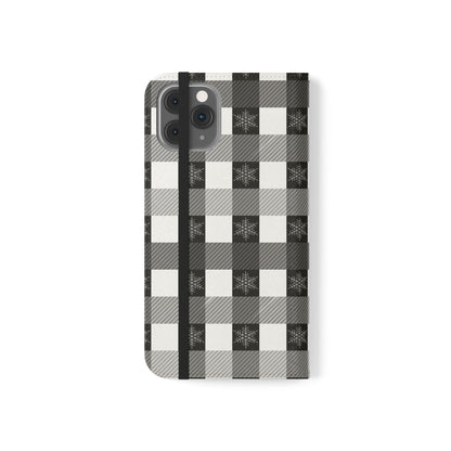 Black Buffalo Check Flip Phone Case — Plaid Wallet Flip Case with Card Slots