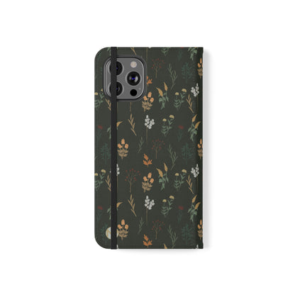 Botanical Floral Flip Phone Case — Dark Green Wallet Cover