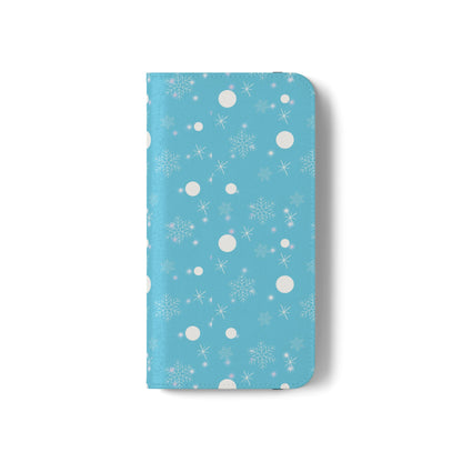 Snowflake Blue Flip Phone Case — Winter Pattern Wallet Case with Card Slots