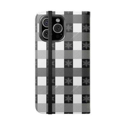 Black Buffalo Check Flip Phone Case — Plaid Wallet Flip Case with Card Slots