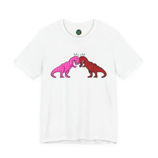 T-Rex Love Graphic Tee — Pink & Red Dinosaur Kiss Shirt