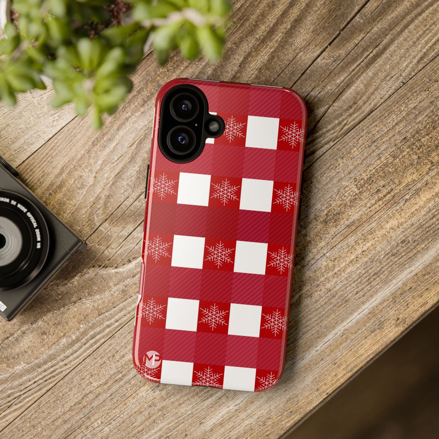 Holiday Red Buffalo Plaid Tough Phone Case — Snowflake Pattern