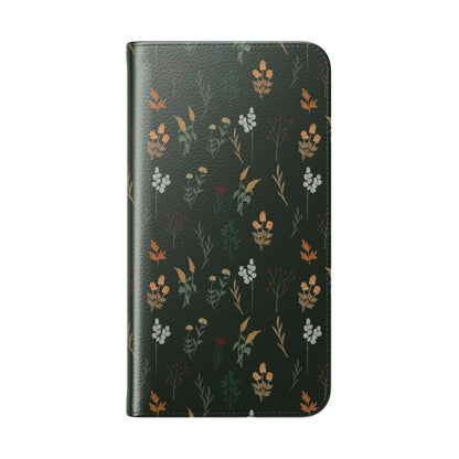 Botanical Floral Flip Phone Case — Dark Green Wallet Cover