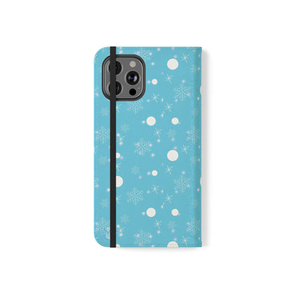 Snowflake Blue Flip Phone Case — Winter Pattern Wallet Case with Card Slots