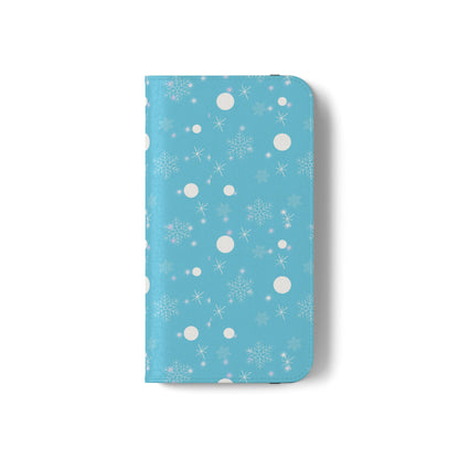 Snowflake Blue Flip Phone Case — Winter Pattern Wallet Case with Card Slots