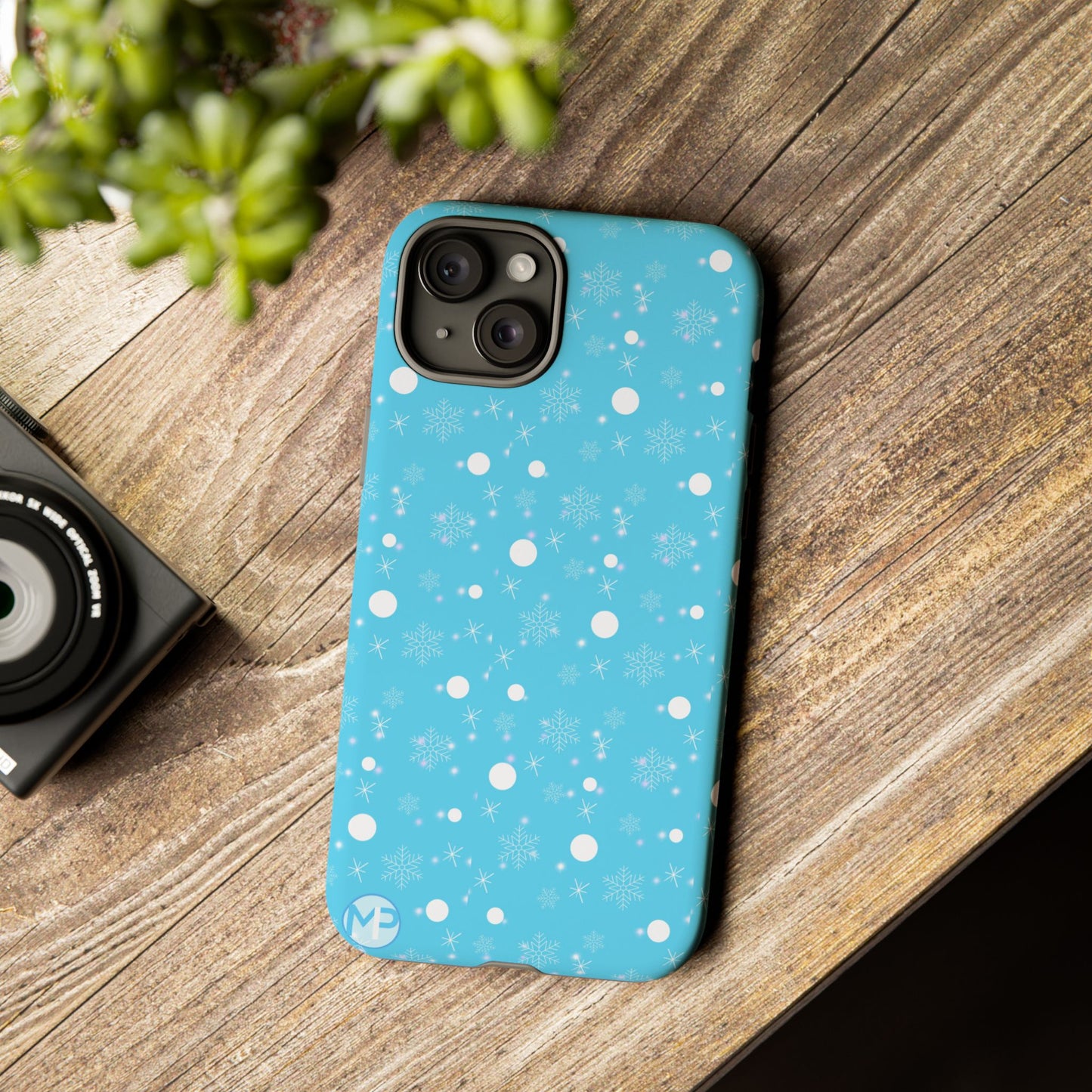Snowflake Pattern Tough Phone Case — Blue Winter Snow Dots Protective Cover