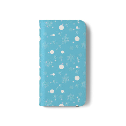 Snowflake Blue Flip Phone Case — Winter Pattern Wallet Case with Card Slots