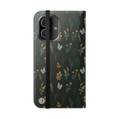 Botanical Floral Flip Phone Case — Dark Green Wallet Cover