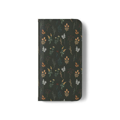 Botanical Floral Flip Phone Case — Dark Green Wallet Cover