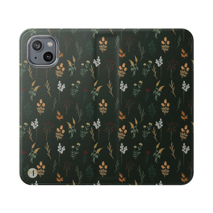 Botanical Floral Flip Phone Case — Dark Green Wallet Cover