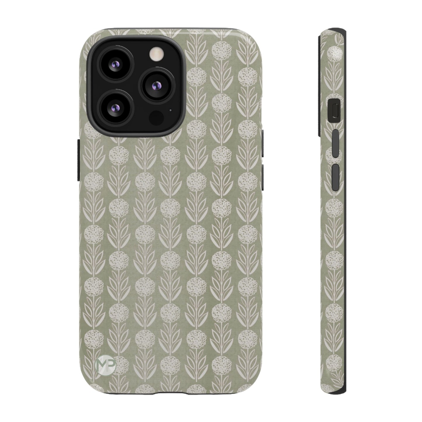Sage Floral Stripe Tough Phone Case – Neutral Botanical Protective Cover