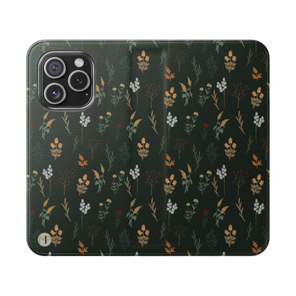 Botanical Floral Flip Phone Case — Dark Green Wallet Cover