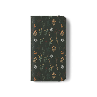 Botanical Floral Flip Phone Case — Dark Green Wallet Cover