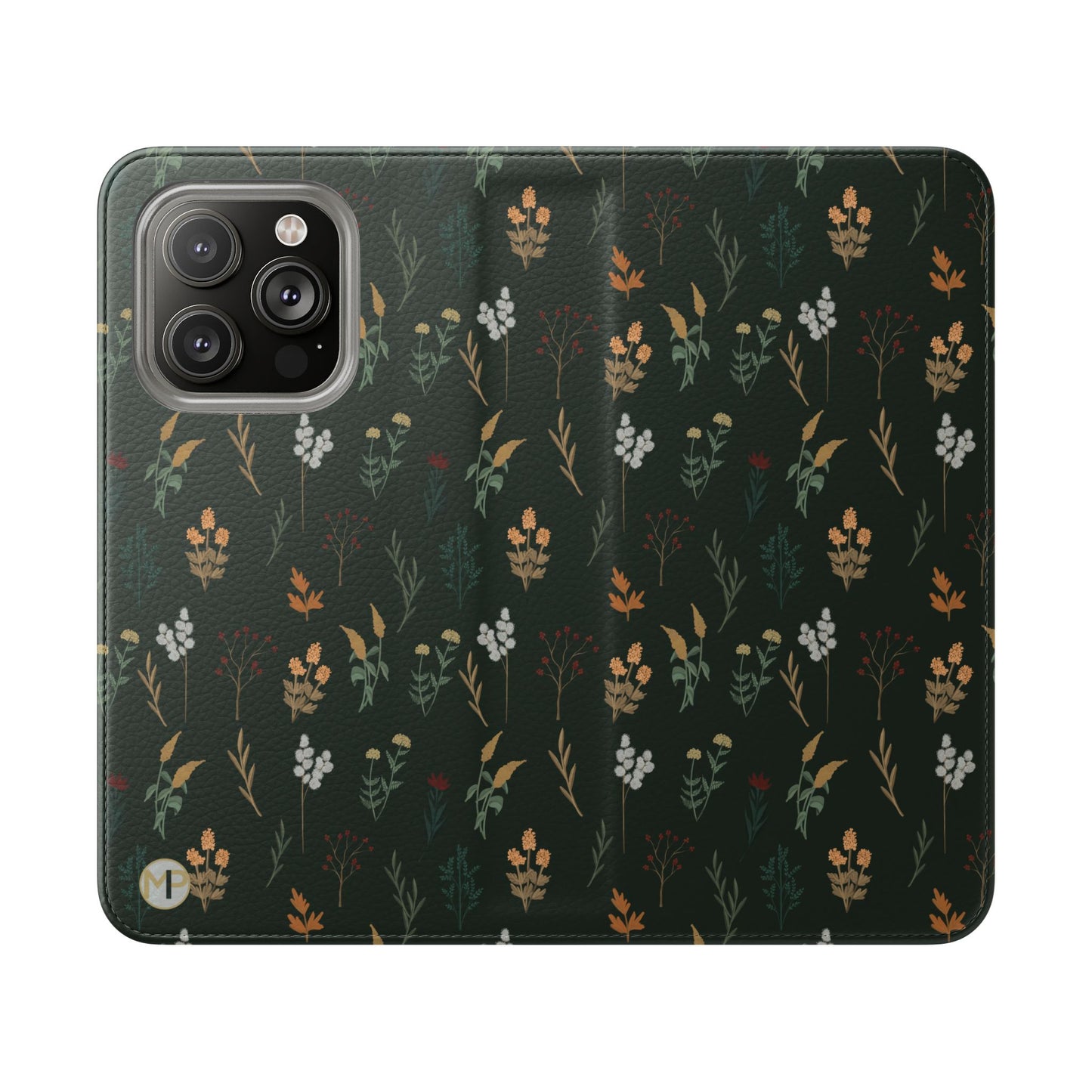 Botanical Floral Flip Phone Case — Dark Green Wallet Cover