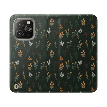 Botanical Floral Flip Phone Case — Dark Green Wallet Cover