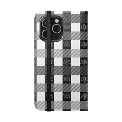 Black Buffalo Check Flip Phone Case — Plaid Wallet Flip Case with Card Slots