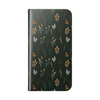 Botanical Floral Flip Phone Case — Dark Green Wallet Cover