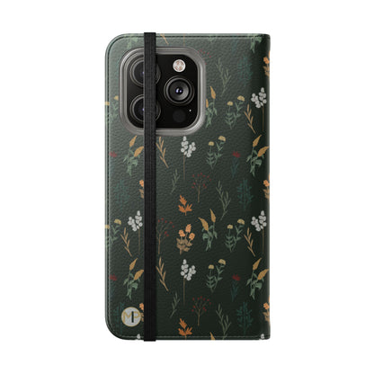 Botanical Floral Flip Phone Case — Dark Green Wallet Cover
