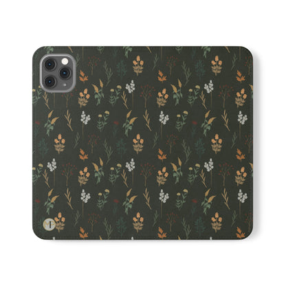 Botanical Floral Flip Phone Case — Dark Green Wallet Cover