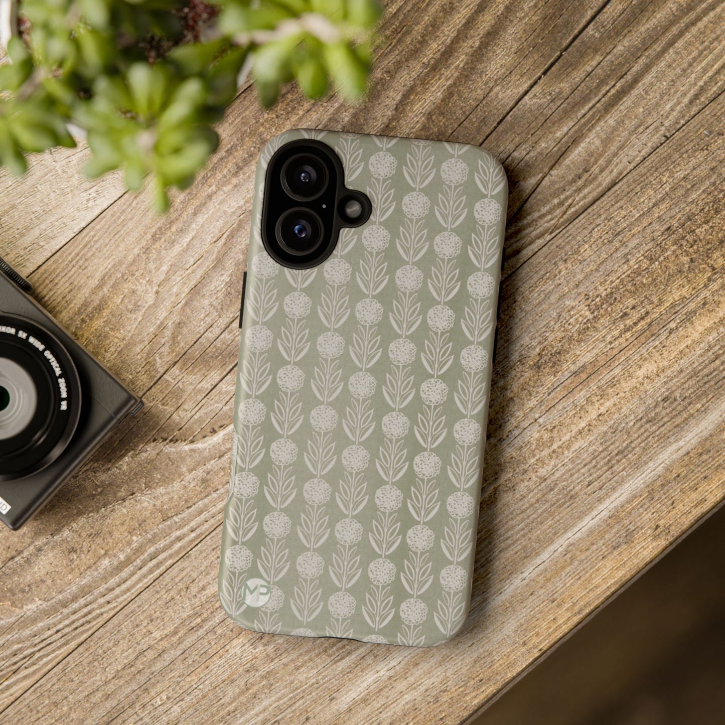 Sage Floral Stripe Tough Phone Case – Neutral Botanical Protective Cover