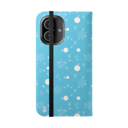 Snowflake Blue Flip Phone Case — Winter Pattern Wallet Case with Card Slots