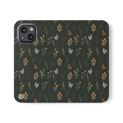 Botanical Floral Flip Phone Case — Dark Green Wallet Cover