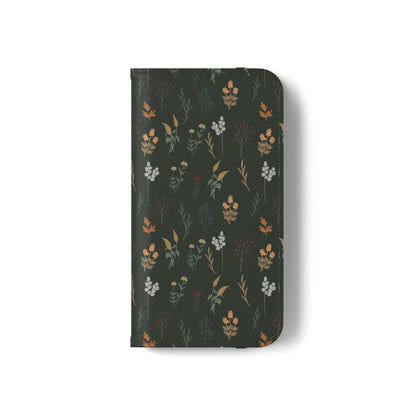 Botanical Floral Flip Phone Case — Dark Green Wallet Cover