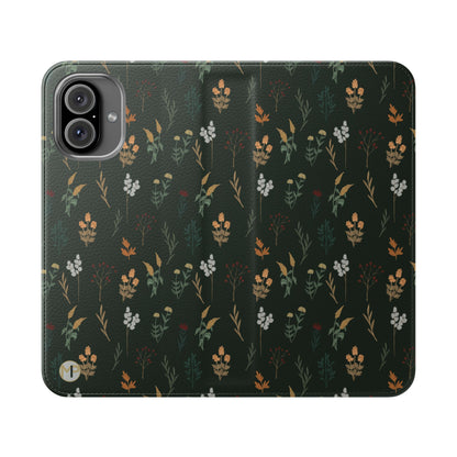 Botanical Floral Flip Phone Case — Dark Green Wallet Cover