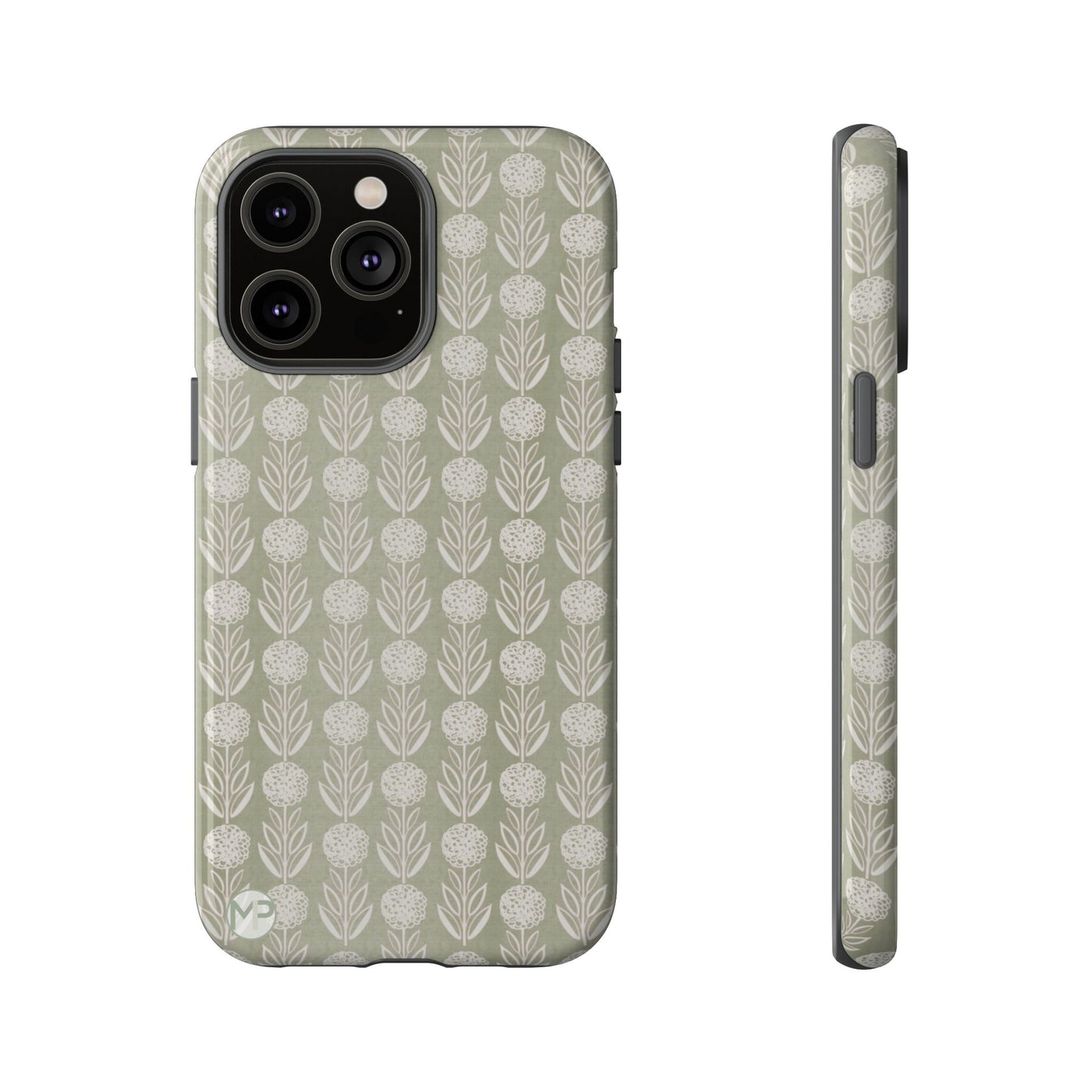 Sage Floral Stripe Tough Phone Case – Neutral Botanical Protective Cover