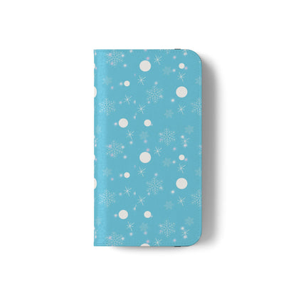 Snowflake Blue Flip Phone Case — Winter Pattern Wallet Case with Card Slots