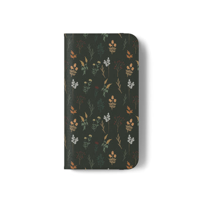Botanical Floral Flip Phone Case — Dark Green Wallet Cover