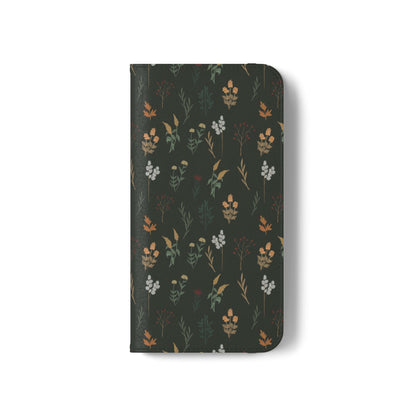 Botanical Floral Flip Phone Case — Dark Green Wallet Cover
